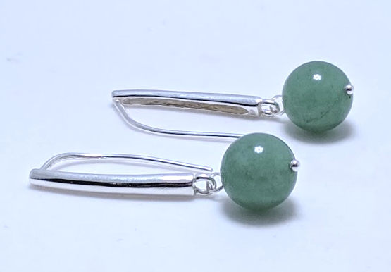 10MM Green Agate Bead Dangle Earrings, Sterling Silver Bar Settings, 1.5in Long