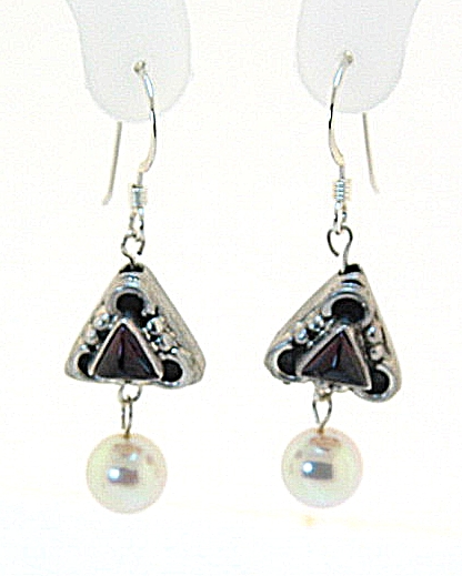 7-7.5MM Akoya Pearl & Garnet Stone Dangle Earrings, Silver, 1.5in Long
