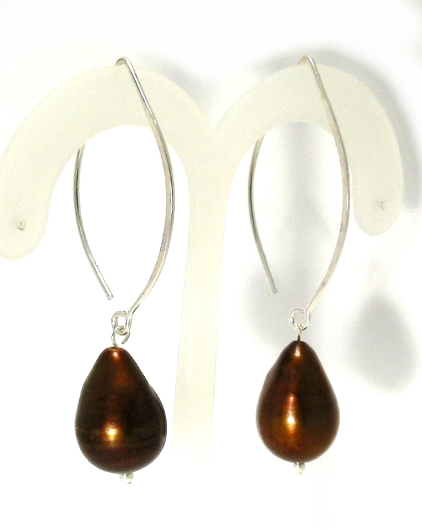 12X17MM Chocolate Brown Freshwater Pearl Drop Earrings, Silver Setting