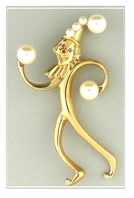 Clown Pin w/Cultured Pearls, Ruby & Sapphires, 14K Gold