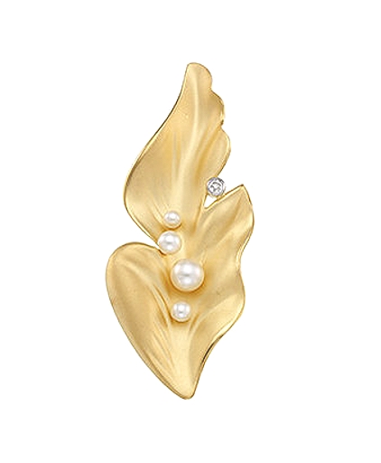 Large Leaf Pearl Brooch w/Four Cultured Pearl & Diamond, 14K Yellow Gold