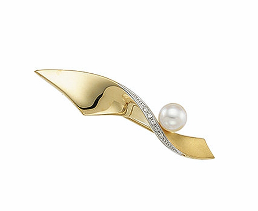 7-7.5MM Cultured Pearl Brooch with Diamonds, 14K Yellow Gold