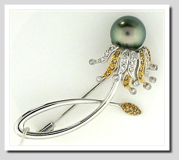 11.84MM Peacock Tahitian Pearl Diamond Brooch 18K Gold 