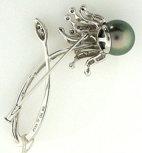 11.84MM Peacock Tahitian Pearl Diamond Brooch 18K Gold 