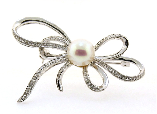 8MM Freshwater Pearl Diamond Bow Brooch 14K White Gold