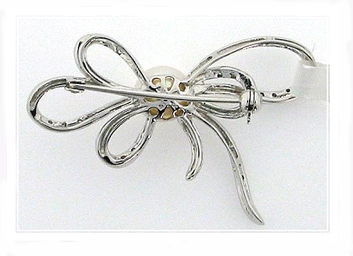 8MM Freshwater Pearl Diamond Bow Brooch 14K White Gold