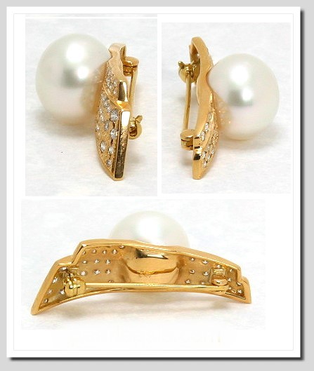 Paspaley Certified 12.92MM White South Sea Pearl Diamond Brooch 0.50 Ct. 18K Gold