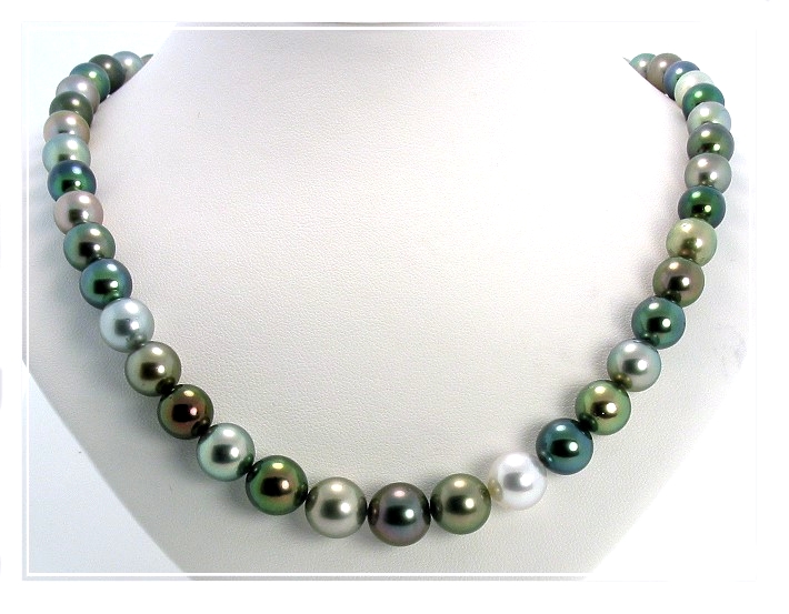 8-11MM Multi Color Tahitian Pearl Necklace 14K Diamond  Ball Clasp 18in