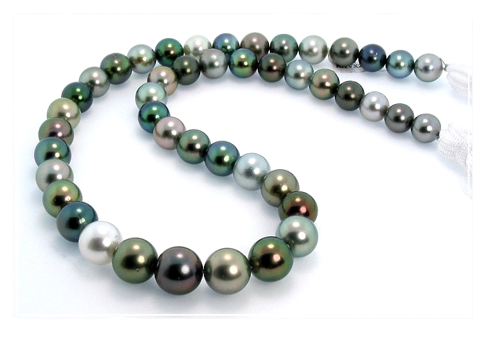 8-11MM Multi Color Tahitian Pearl Necklace 14K Diamond  Ball Clasp 18in