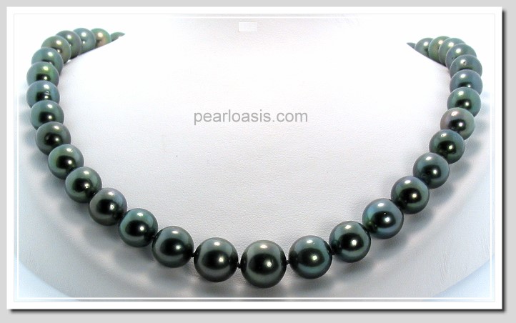9-12.65MM Black/Green Tahitian Pearl Necklace 14K Clasp 18in