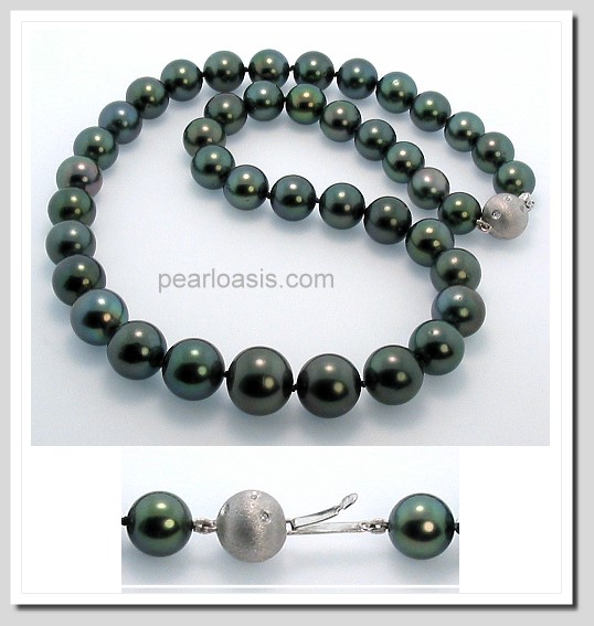 9-12.65MM Black/Green Tahitian Pearl Necklace 14K Clasp 18in