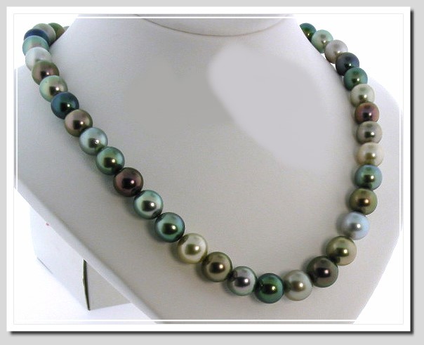 9.1-11.1MM Multi Color Tahitian Pearl Necklace 14K Gold Diamond Clasp 18in