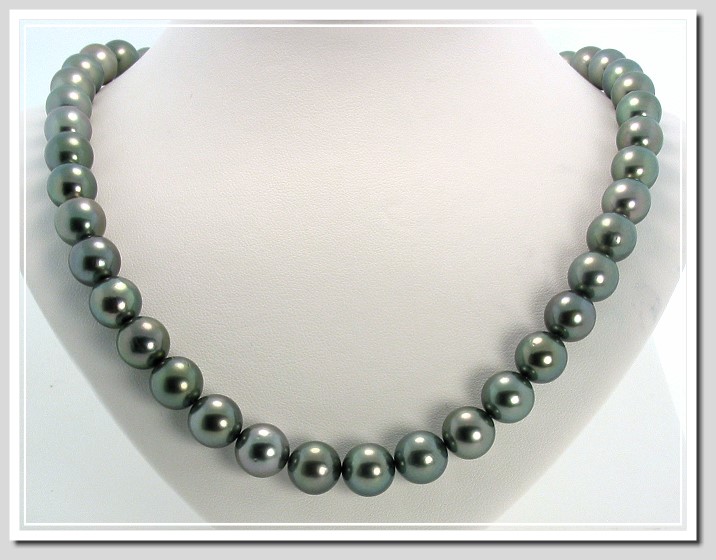 10-11MM Dark Gray/Green Round Tahitian Pearl Necklace 14K Diamond Clasp 18in. 