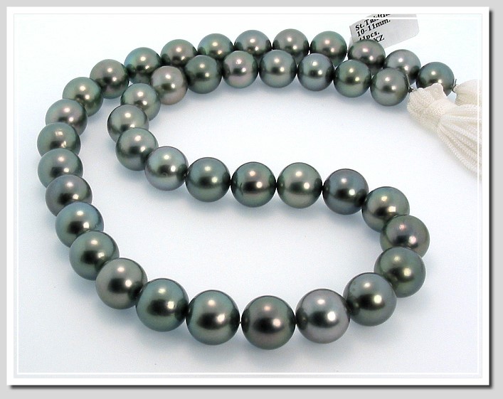 10-11MM Dark Gray/Green Round Tahitian Pearl Necklace 14K Diamond Clasp 18in. 