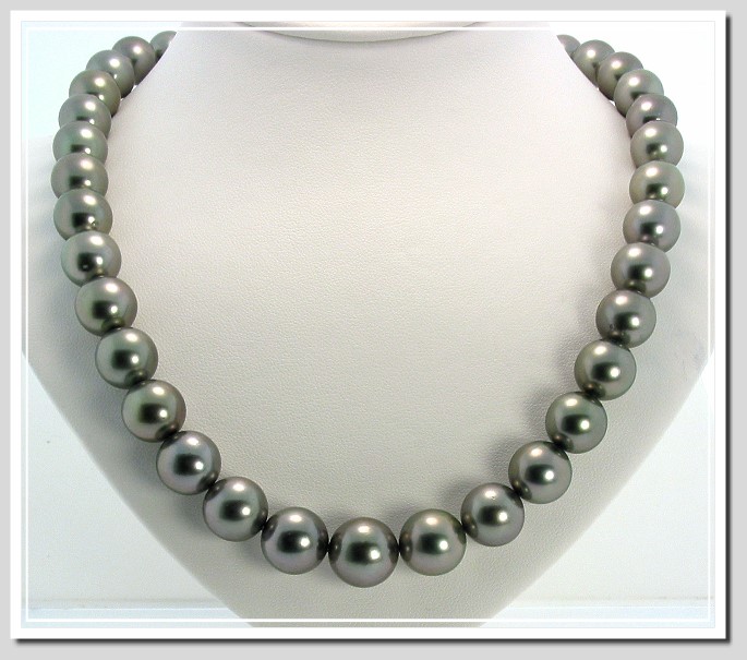 10.5-13MM Dark Gray Round Tahitian Pearl Necklace 14K Diamond Clasp 18in. 