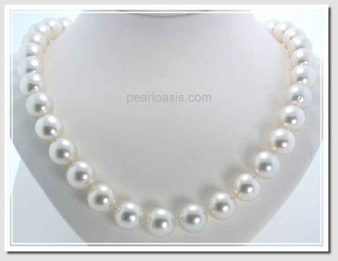 10.9-13.1MM White South Sea Pearl Necklace 14K Diamond Clasp 18in