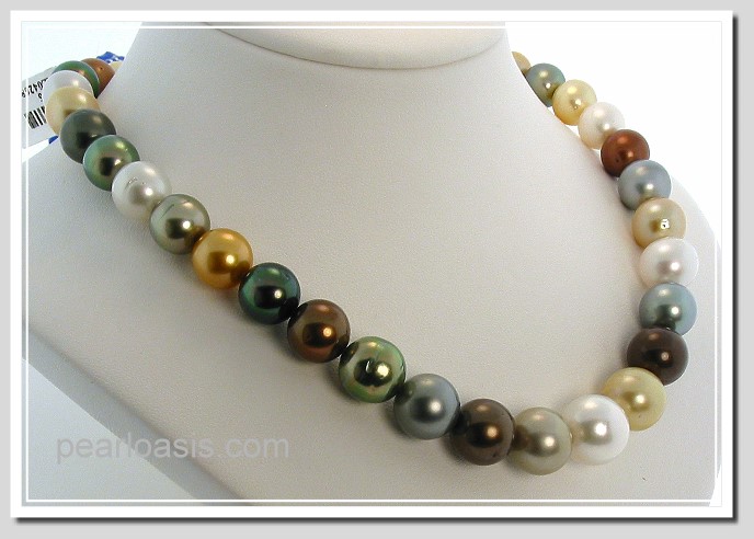10-13.2MM Multi Color Tahitian & South Sea Pearl Necklace 14K Diamond Clasp 17in