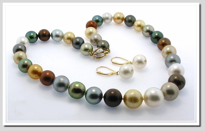 10 - 13.2MM Multi Color Tahitian / South Sea Pearl Necklace 16in / Earrings Set 14K Gold