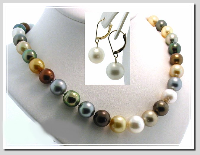 10 - 13.2MM Multi Color Tahitian / South Sea Pearl Necklace 16in / Earrings Set 14K Gold