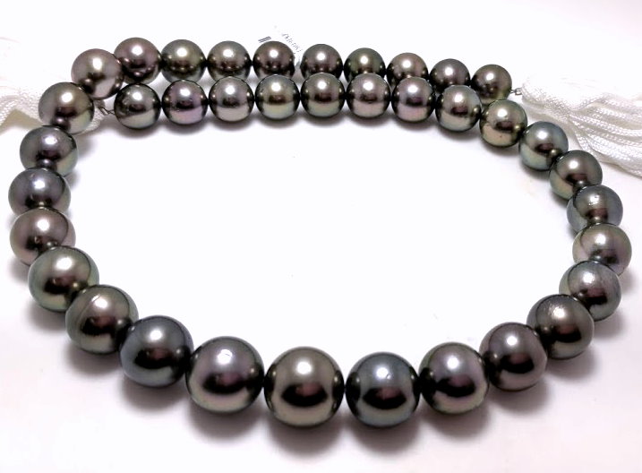 10MM - 12.7MM Dark Gray Tahitian Pearl Necklace, 14K Diamond Clasp 17in