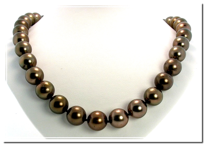 11.1 - 13.5MM Chocolate Brown Tahitian Pearl Necklace 14K Clasp 18.5in