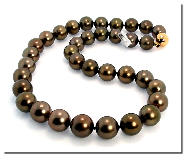 11.1 - 13.5MM Chocolate Brown Tahitian Pearl Necklace 14K Clasp 18.5in