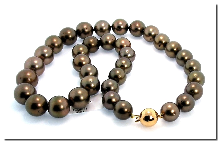 11.1 - 13.5MM Chocolate Brown Tahitian Pearl Necklace 14K Clasp 18.5in