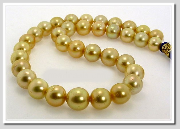 10 - 12.6MM Golden South Sea Pearl Necklace 14K Diamond Clasp 16.5in