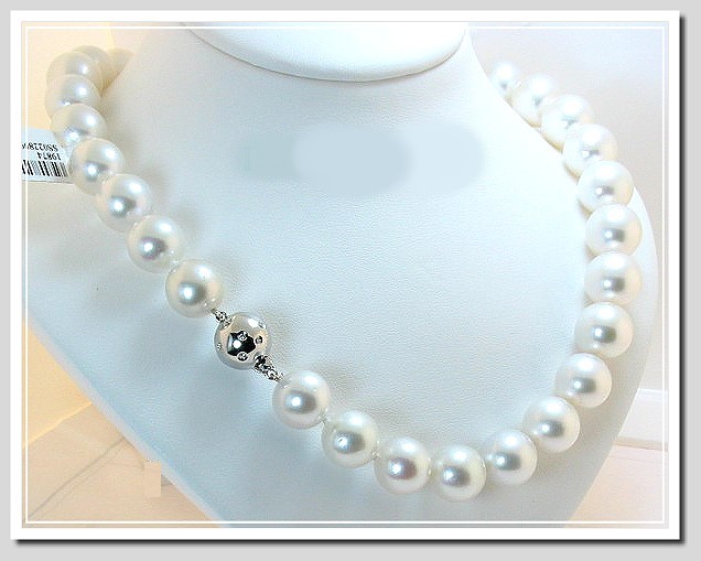 12MM - 15.2MM White South Sea Pearl Necklace 14K Diamond Clasp 17in