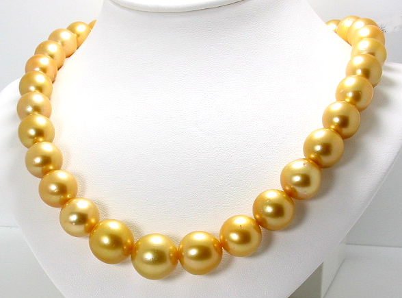 11MM - 15MM Dark Golden South Sea Pearl Necklace 14K Diamond Clasp 17.5in