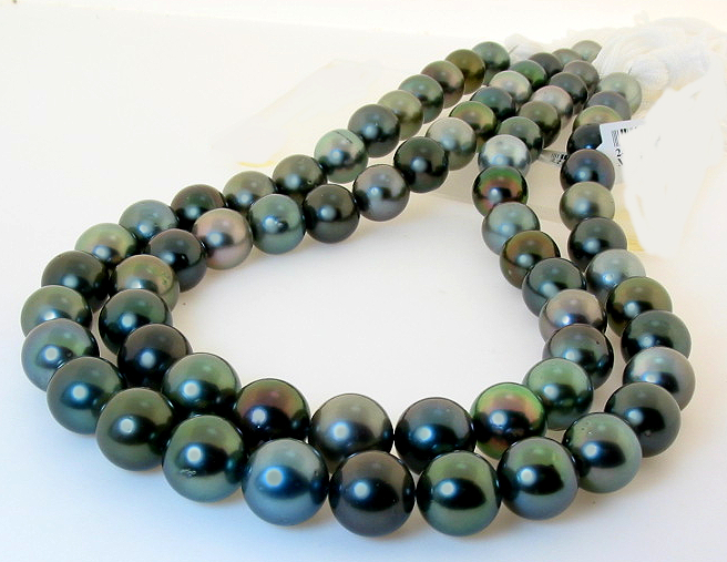 10MM - 12.9MM Multi Color Tahitian Pearl Necklace Diamond Ball Clasp 34in