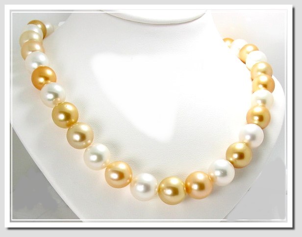11.9MM - 14MM Golden & White  South Sea Pearl Necklace 14K Diamond Clasp 18in