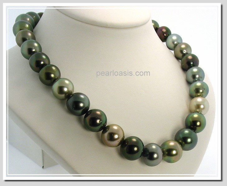 12.2 - 14.7MM Multi Color Tahitian Pearl Necklace 14K Clasp 18in