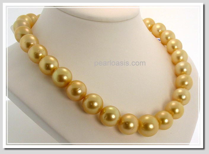 12.2-15.3MM Dark Golden South Sea Pearl Necklace 14K Diamond Clasp 17.5in