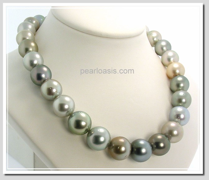 12 - 14.8MM Multi Color Tahitian Pearl Necklace 14K Clasp 17.5in