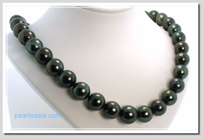 12MM - 14.8MM Peacock Tahitian Pearl Necklace 14K Diamond Clasp 19in