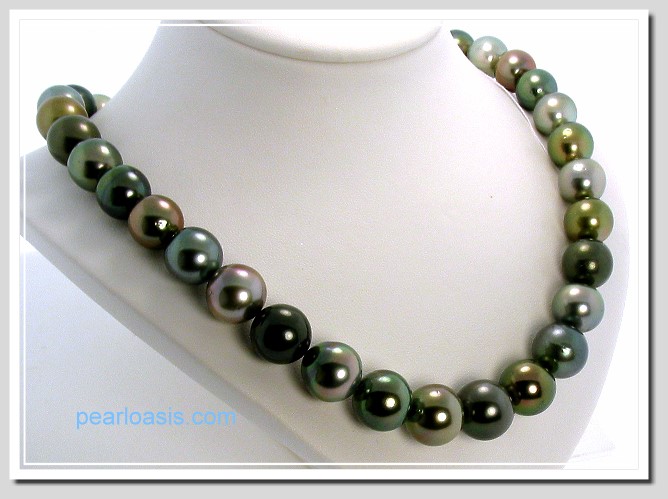 12.17MM - 15MM Multi Color Tahitian Pearl Necklace 14K Diamond Clasp 18in