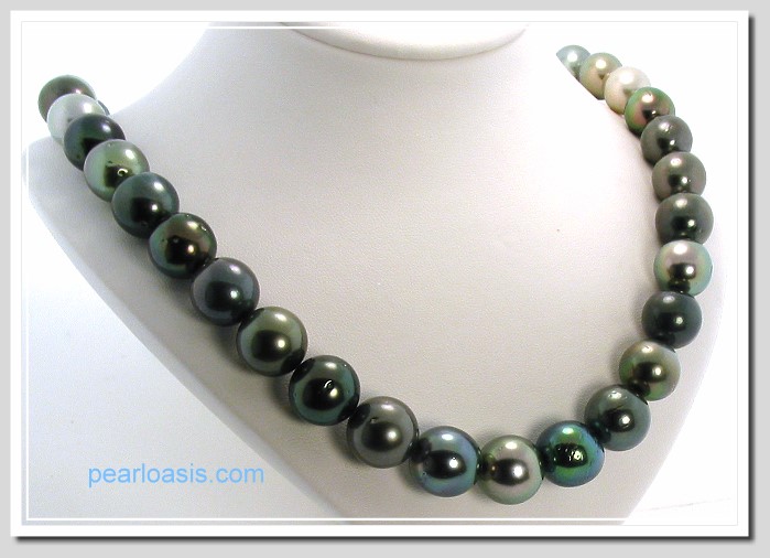 12MM - 15MM Multi Color Tahitian Pearl Necklace 14K Diamond Clasp 19in