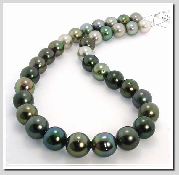 12MM - 15MM Multi Color Tahitian Pearl Necklace 14K Diamond Clasp 19in