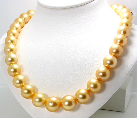12.2MM - 14.7MM Golden South Sea Pearl Necklace 14K Diamond Clasp 17.5in