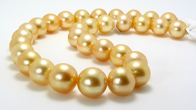 12.2MM - 14.7MM Golden South Sea Pearl Necklace 14K Diamond Clasp 17.5in