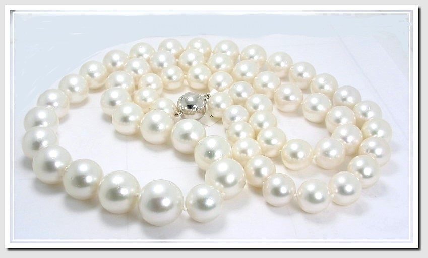 12MM - 16.6MM White South Sea Pearl Necklace 14K Diamond Clasp 35in
