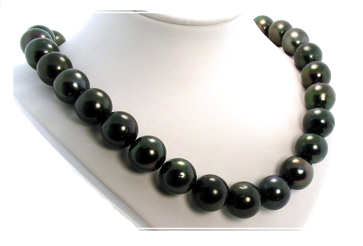 15MM - 17MM Black Tahitian Pearl Necklace 14K Diamond Clasp 17.5in