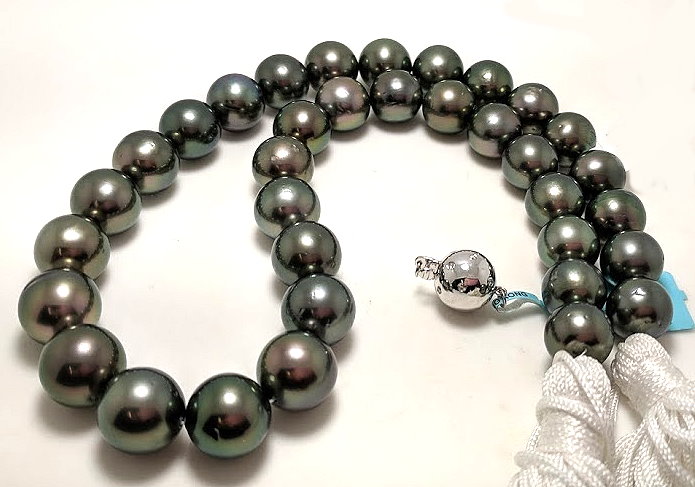 11.2MM - 12.9MM Peacock Tahitian Pearl Necklace, 18K Diamond Clasp 18in