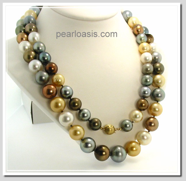 11MM -- 15.2MM Multi Color South Sea & Tahitian Pearl Necklace 14K Diamond Clasp 36in