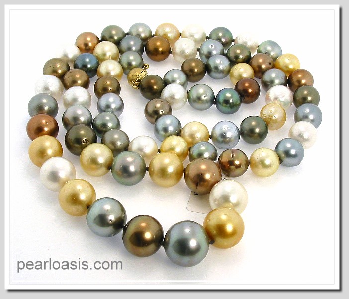 11MM -- 15.2MM Multi Color South Sea & Tahitian Pearl Necklace 14K Diamond Clasp 36in