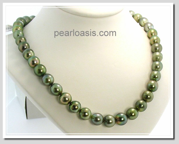 9MM - 10.6MM Off Round Green/Gray Tahitian Pearl Necklace 14K Clasp 18in