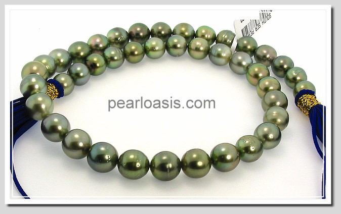 9MM - 10.6MM Off Round Green/Gray Tahitian Pearl Necklace 14K Clasp 18in