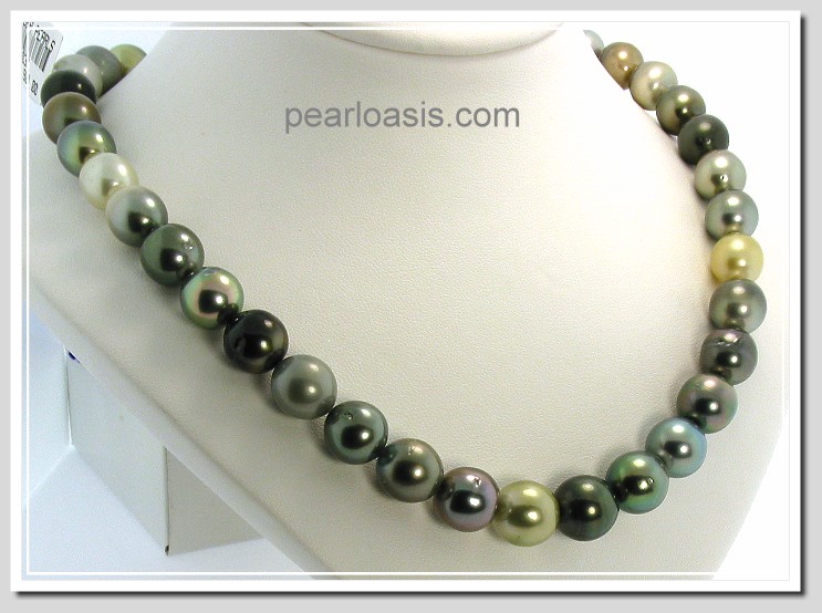 10MM - 12MM Off Round Tahitian Pearl Necklace 14K Clasp 17.5in