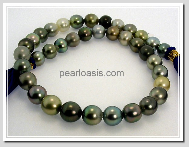 10MM - 12MM Off Round Tahitian Pearl Necklace 14K Clasp 17.5in